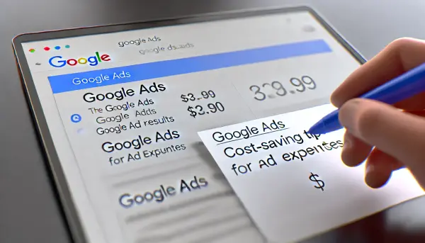 Close-up layar komputer dengan antarmuka Google Ads, detail simulasi biaya, dan hasil iklan