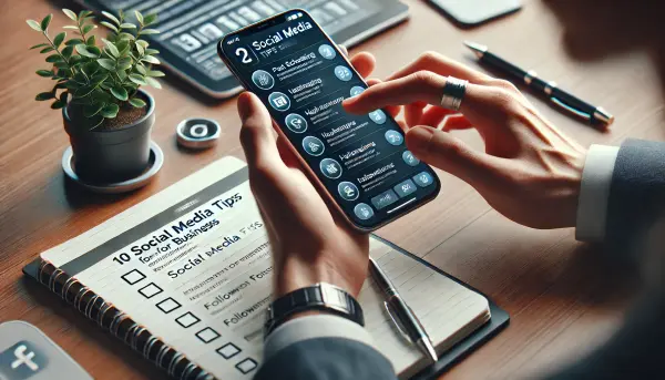 Close-up tangan seorang pebisnis yang sedang mengoptimalkan posting media sosial di smartphone