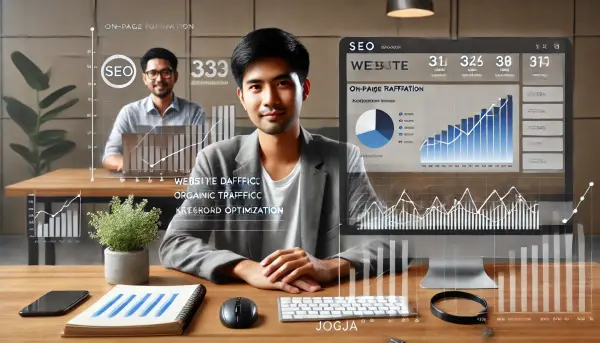 Dashboard SEO yang menampilkan analitik performa situs web, dengan grafik peningkatan traffic organik dan peringkat kata kunci
