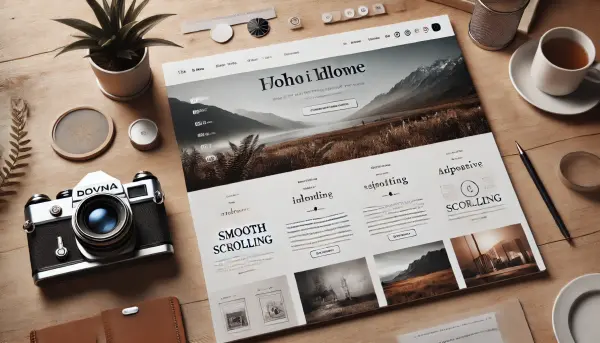 Desain landing page dengan gaya minimalis namun inovatif, tipografi besar dan elegan, serta ilustrasi yang menarik