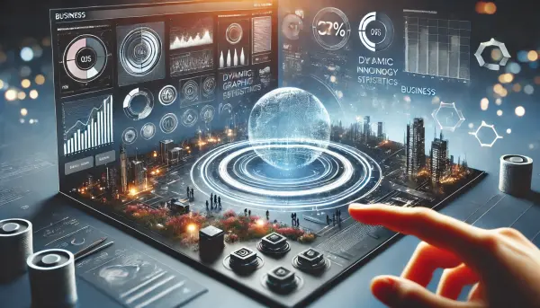 Desain landing page futuristik untuk bisnis teknologi, dengan elemen interaktif dan animasi grafis yang halus, memberikan pengalaman pengguna yang imersif
