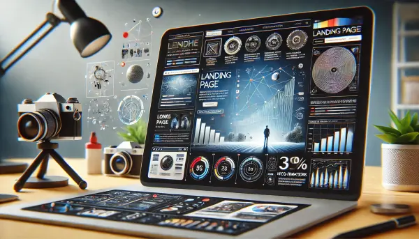 Desain landing page untuk kampanye digital, penuh dengan elemen visual dinamis, infografis menarik, animasi mikro, dan transisi halus antar bagian