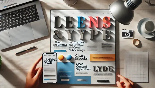 Desain landing page yang fokus pada tren tipografi besar, dengan font tebal dan kreatif untuk headline, serta pemisahan konten yang jelas