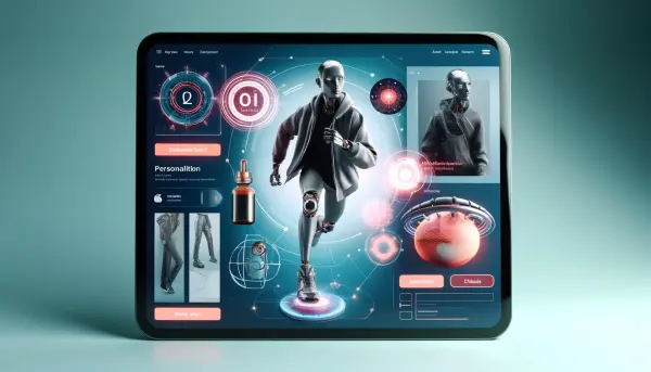 Desain website e-commerce futuristik yang menggabungkan teknologi AI dan personalisasi, dengan halaman produk beresolusi tinggi dan tata letak dinamis