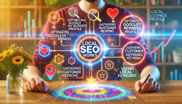 Diagram alur cara kerja Local SEO, lengkap dengan elemen-elemen penting seperti pengoptimalan profil Google Bisnisku