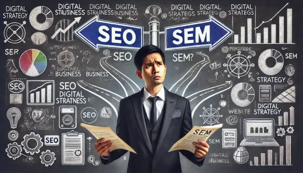Dua jalan bercabang dengan papan penunjuk arah 'SEO' dan 'SEM', di mana seorang pemilik bisnis Indonesia tampak bingung memegang catatan tentang strategi digital