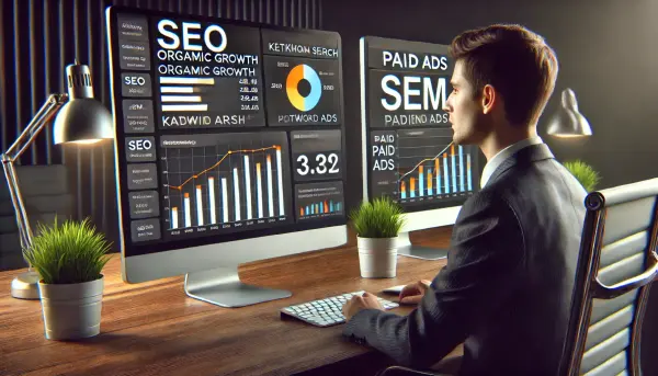 Dua monitor komputer berdampingan, masing-masing menampilkan strategi SEO dan SEM. Seorang pemilik bisnis tampak fokus memperhatikan kedua layar untuk memahami perbedaannya