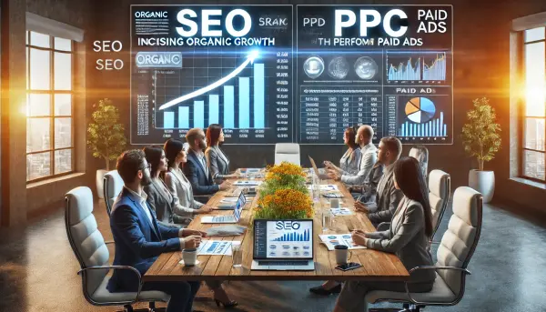 Dua tim pemasaran dari Indonesia sedang berdiskusi di meja konferensi tentang perbandingan kinerja SEO dan PPC