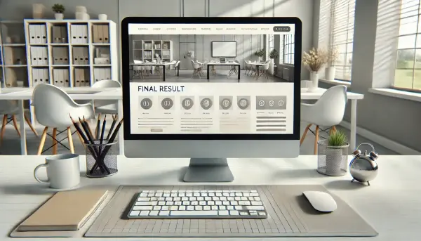 Hasil akhir sebuah website minimalis dan elegan yang ditampilkan di layar komputer, dengan suasana kerja yang rapi dan profesional