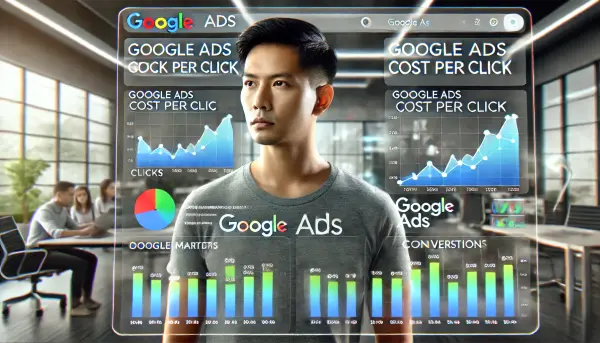 Ilustrasi dashboard Google Ads dengan metrik kinerja iklan, di mana seorang marketer digital sedang menganalisis data dengan serius