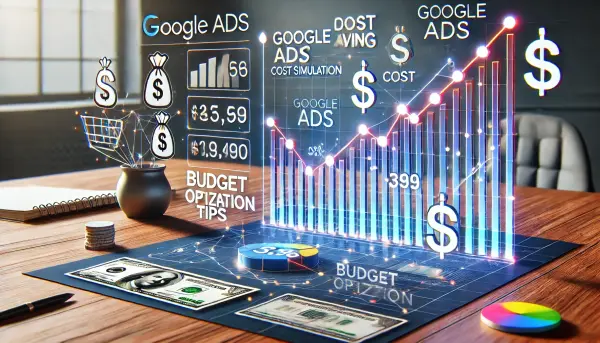 Ilustrasi grafis simulasi biaya Google Ads dengan grafik naik turun dan ikon tips hemat, seperti potongan diskon dan simbol uang