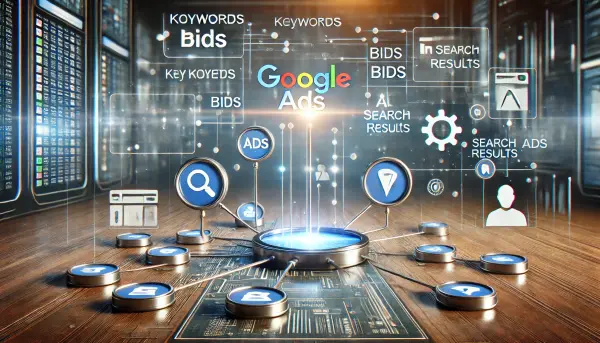 Ilustrasi interaktif dari proses kerja Google Ads dengan ikon-ikon seperti keyword, bid, dan hasil pencarian yang terhubung