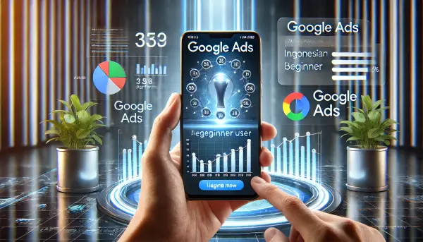 Ilustrasi layar ponsel yang menampilkan aplikasi Google Ads, dengan pengguna pemula asal Indonesia yang sedang mengeksplorasi fitur-fiturnya