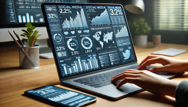 Ilustrasi profesional dari dashboard media sosial yang menampilkan berbagai statistik dan analitik untuk meningkatkan bisnis