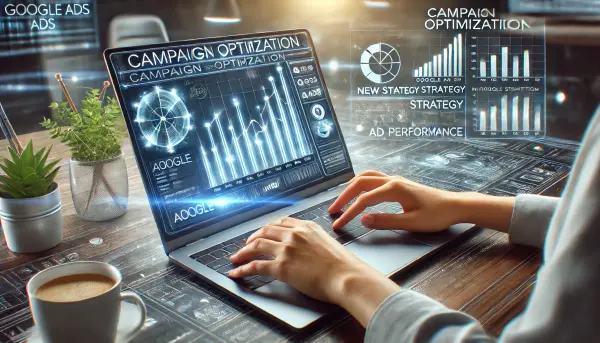 Ilustrasi tampilan layar laptop dengan hasil optimasi kampanye di Google Ads, dilengkapi dengan grafik interaktif