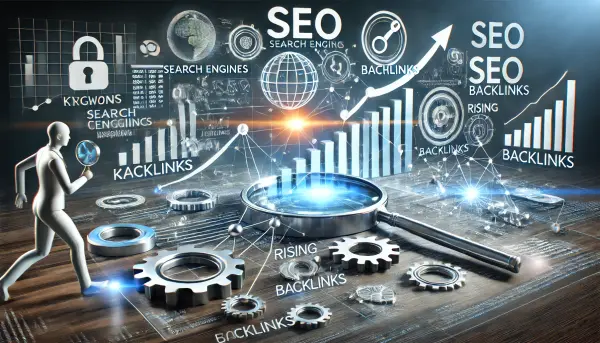 Konsep SEO yang dinamis dengan elemen-elemen seperti mesin pencari, kata kunci, backlink, dan grafik peringkat yang naik dalam format infografis yang menarik