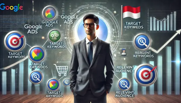 Konsep penargetan iklan Google Ads, dengan seorang pemilik bisnis asal Indonesia di tengah, dikelilingi oleh ikon target, kata kunci, dan audiens yang relevan