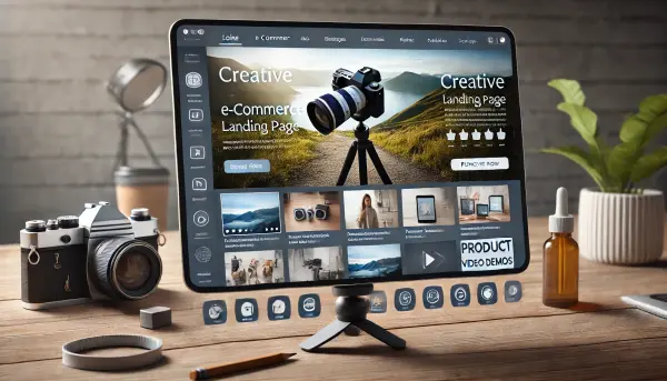 Landing page e-commerce yang kreatif, dengan gambar produk berkualitas tinggi, layout intuitif, testimoni pelanggan, fitur interaktif seperti video demo produk, dan tombol pembelian strategis