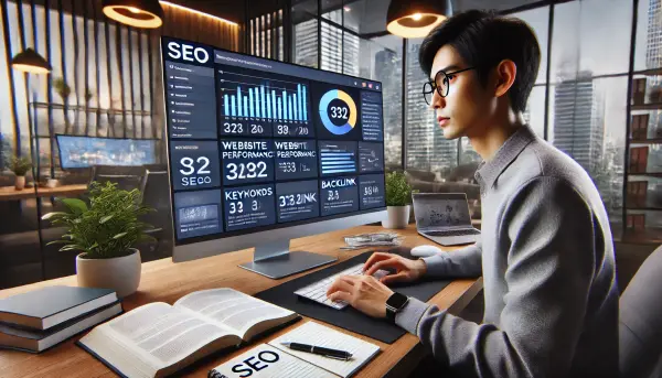 Layar komputer dengan dashboard SEO lengkap, sementara seorang pengguna tampak fokus bekerja di ruang kerja modern yang memberikan kesan profesional
