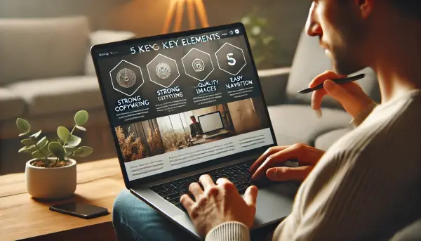 Layar laptop dengan landing page, fokus pada lima elemen utama seperti copywriting yang kuat, gambar berkualitas tinggi