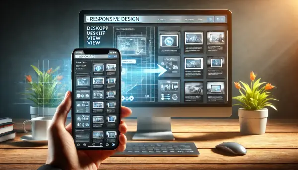 Layar yang memperlihatkan transformasi sebuah website dari tampilan desktop ke tampilan mobile, menekankan konsep desain responsif dengan perubahan layout yang halus