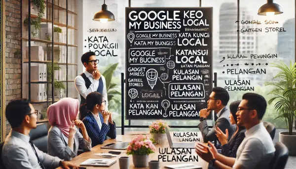 Papan tulis yang dipenuhi dengan strategi SEO lokal untuk toko gadget, dengan seorang pemilik toko asal Indonesia yang berdiskusi dengan timnya