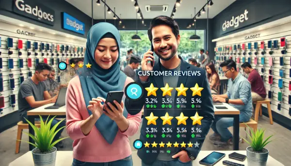 Pentingnya ulasan pelanggan dalam meningkatkan SEO lokal, dengan seorang pelanggan memberikan ulasan positif di smartphone