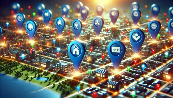 Peta kota dengan berbagai pin lokasi yang menunjukkan bisnis lokal yang dioptimalkan dengan Local SEO