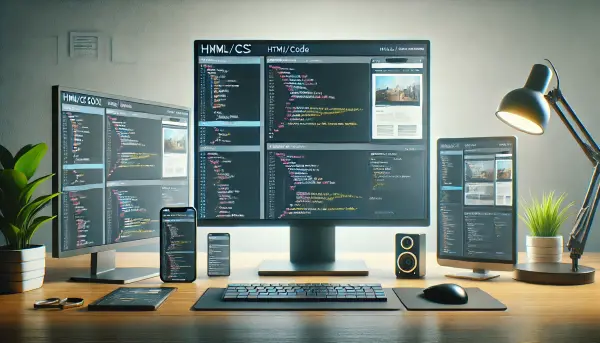 Proses pembuatan website responsif, dengan kode HTML CSS dan pratinjau yang berubah sesuai ukuran layar