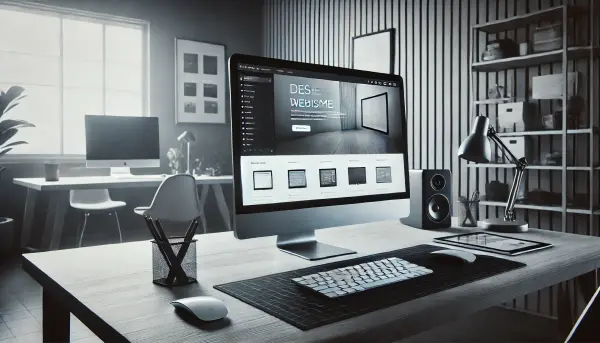 Ruang kerja seorang pengembang web yang fokus pada pembuatan website minimalis, dengan desain antarmuka yang sederhana namun menarik