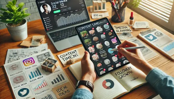 Ruang kerja yang rapi dengan seorang pebisnis menggunakan aplikasi perencanaan media sosial di tablet