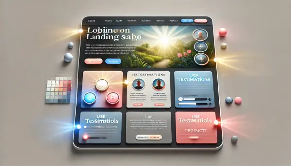 Sebuah landing page dengan elemen desain interaktif, skema warna kontras, dan layout grid yang optimal, serta bagian testimoni dan produk unggulan