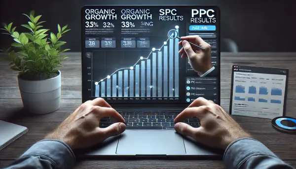 Sebuah laptop dengan layar terbelah dua, menampilkan grafik SEO yang meningkat secara organik di satu sisi dan hasil PPC dengan iklan berbayar di sisi lainnya