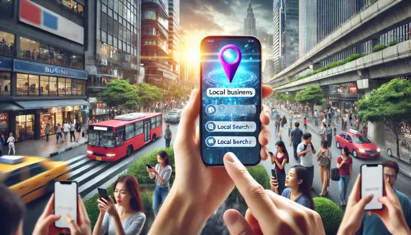 Sebuah smartphone dengan layar menunjukkan hasil pencarian lokal untuk bisnis, dikelilingi oleh orang-orang yang menggunakan ponsel mereka dengan ekspresi puas