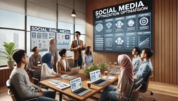 Sebuah tim kecil etnis Indonesia sedang berdiskusi tentang strategi media sosial di ruang meeting modern