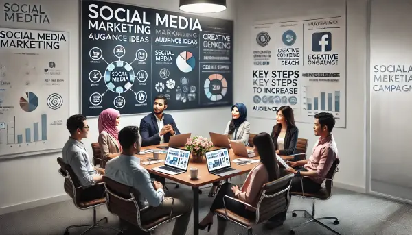 Sebuah tim kecil pebisnis dan pakar media sosial Indonesia sedang berdiskusi tentang strategi kampanye pemasaran di media sosial