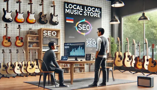 Sebuah toko alat musik lokal dengan tampilan modern, di mana pemilik toko asal Indonesia sedang berdiskusi dengan seorang ahli SEO