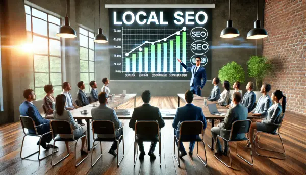 Seorang ahli SEO asal Indonesia yang memberikan presentasi tentang Local SEO di depan sekelompok pemilik bisnis