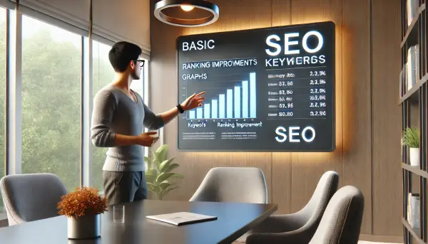Seorang ahli SEO sedang menjelaskan konsep dasar SEO kepada seorang pemula di depan papan tulis digital