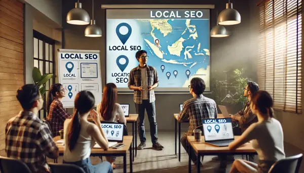 Seorang ahli SEO yang sedang memberikan presentasi tentang Local SEO kepada sekelompok pemula