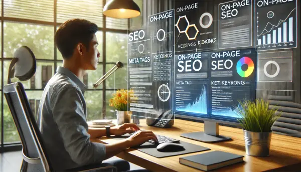 Seorang ahli SEO yang sedang menganalisis struktur halaman situs di layar komputernya, dengan elemen-elemen SEO on-page dan grafik performa yang terlihat jelas
