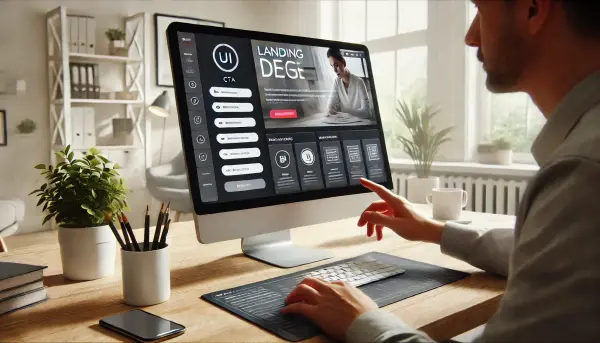Seorang desainer UI sedang mengerjakan tampilan landing page modern dan bersih di layar komputernya, dengan suasana ruang kerja yang profesional dan nyaman