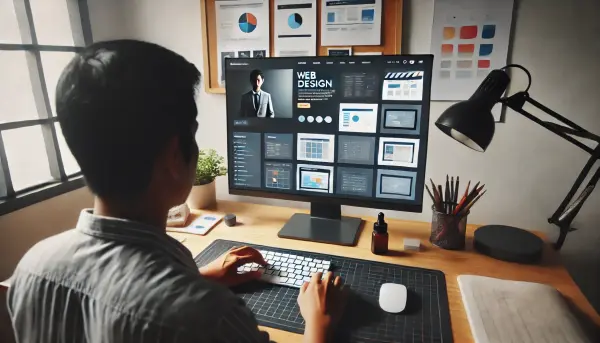 Seorang desainer web Indonesia yang sedang bekerja di depan komputer dengan tampilan mockup desain website yang modern dan responsif.