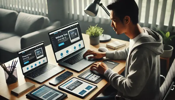 Seorang desainer web Indonesia yang sedang bekerja di laptop, dengan beberapa perangkat seperti tablet dan ponsel di mejanya