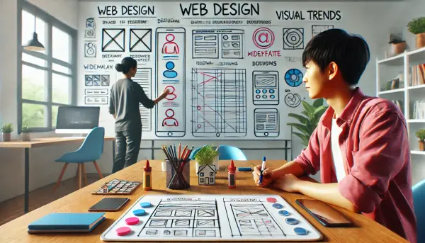 Seorang desainer web muda yang terlibat dalam diskusi tentang tren desain website terbaru