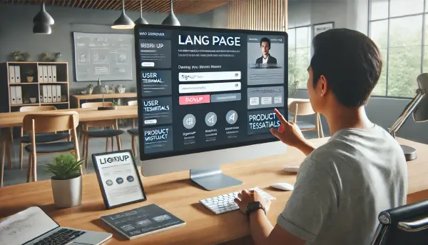 Seorang desainer web profesional Indonesia yang sedang bekerja dengan antusias di depan komputer, merancang sebuah landing page