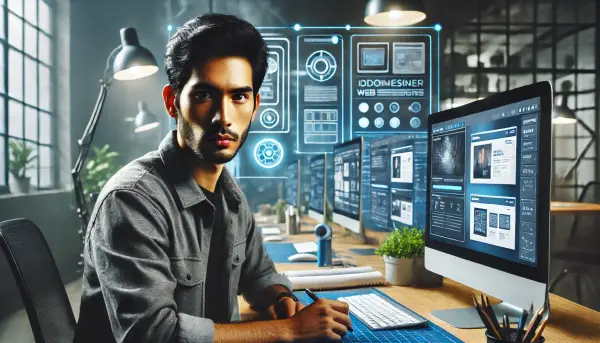 Seorang desainer web profesional sedang bekerja di depan layar komputer besar yang menampilkan contoh desain website modern