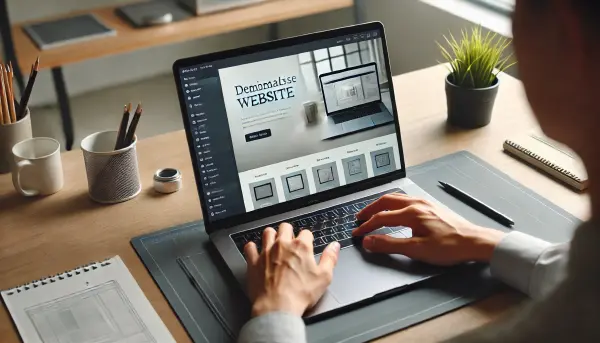 Seorang desainer web sedang merancang website minimalis di laptopnya, dengan suasana ruang kerja modern dan minimalis