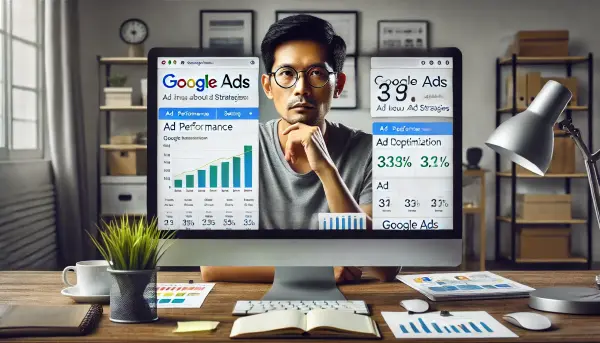 Seorang digital marketer asli Indonesia sedang mengatur kampanye Google Ads di depan layar komputer