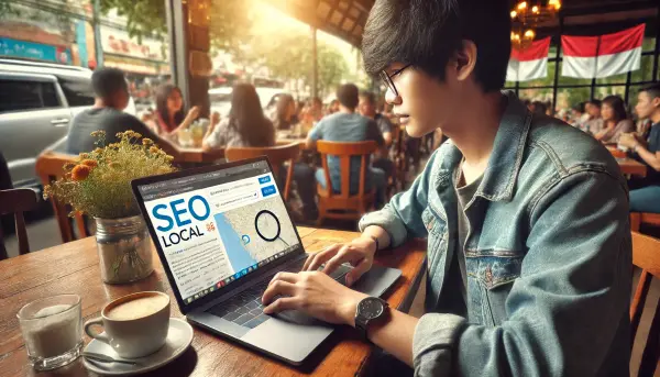 Seorang fotografer muda asal Indonesia yang sedang melakukan riset di kafe lokal dengan laptopnya